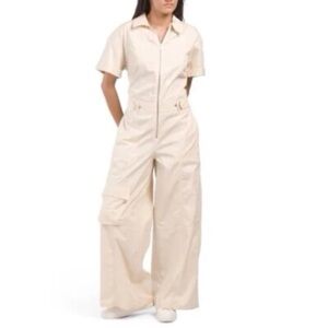 Zara Women XS Beige Cotton Relaxed Short Sleeve Wide Leg Cargo Jumpsuit NWOT